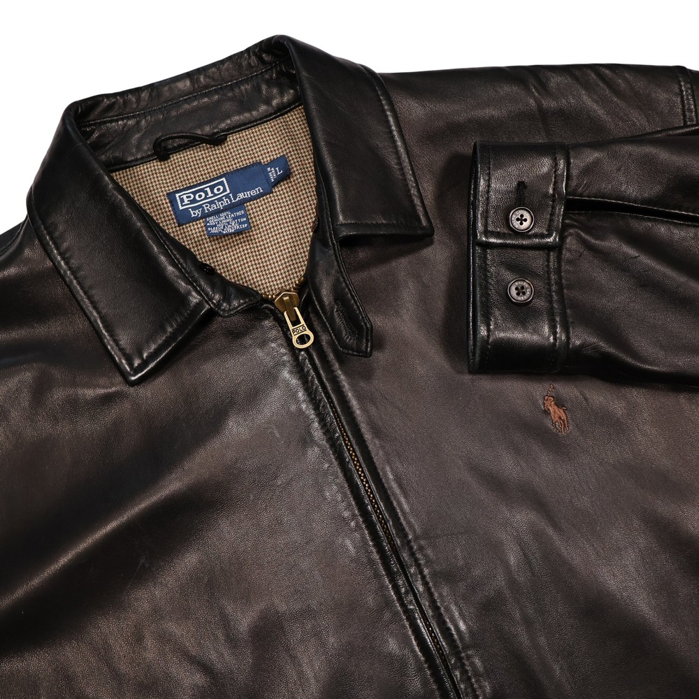 POLO RALPH LAUREN Men's L Faded Black Lambskin Leather Harrington Jacket VTG